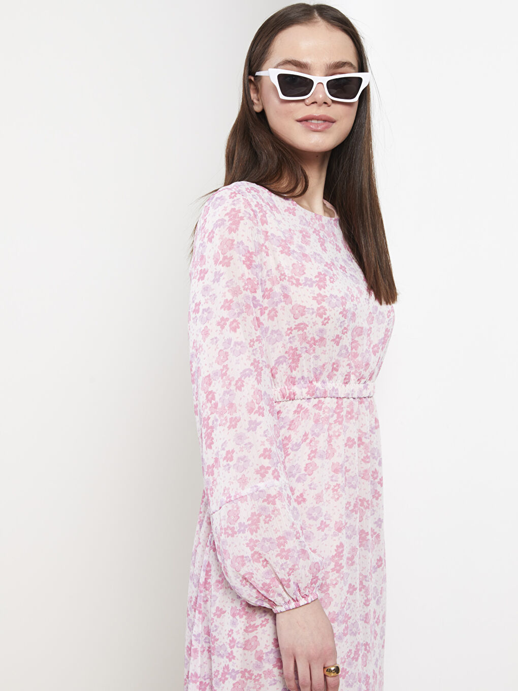 Lila Bisiklet Yaka Çiçekli Uzun Kollu Şifon Kadın Elbise-3