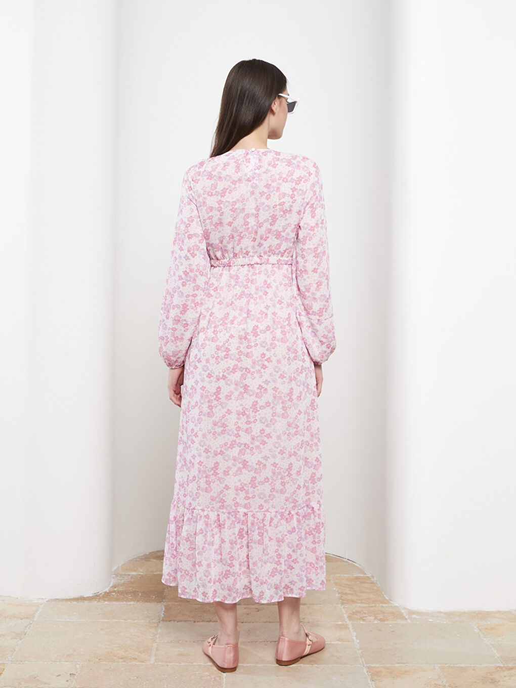 Lila Bisiklet Yaka Çiçekli Uzun Kollu Şifon Kadın Elbise-4