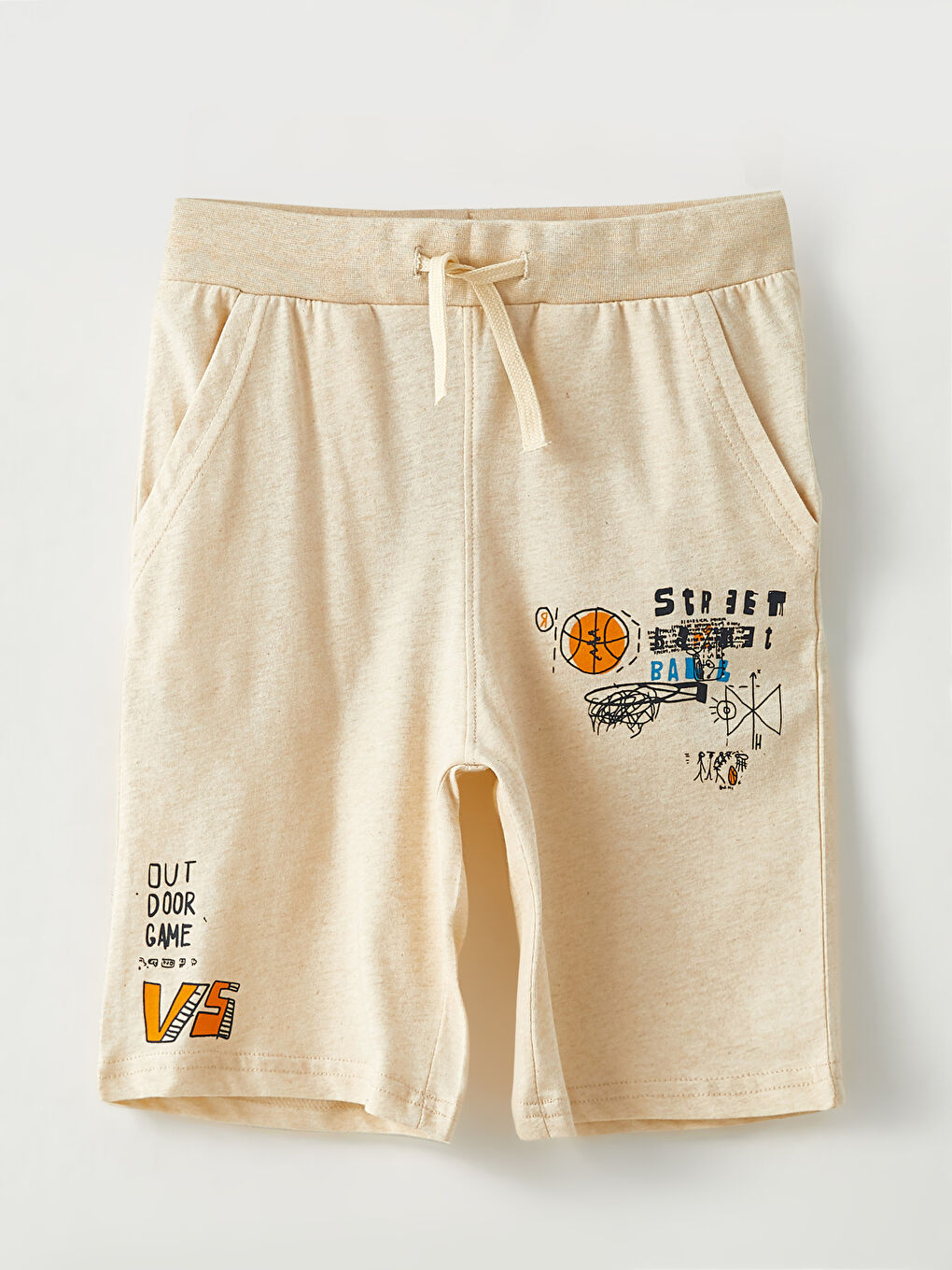 Bej Beli Lastikli Baskılı Erkek Çocuk Bermuda