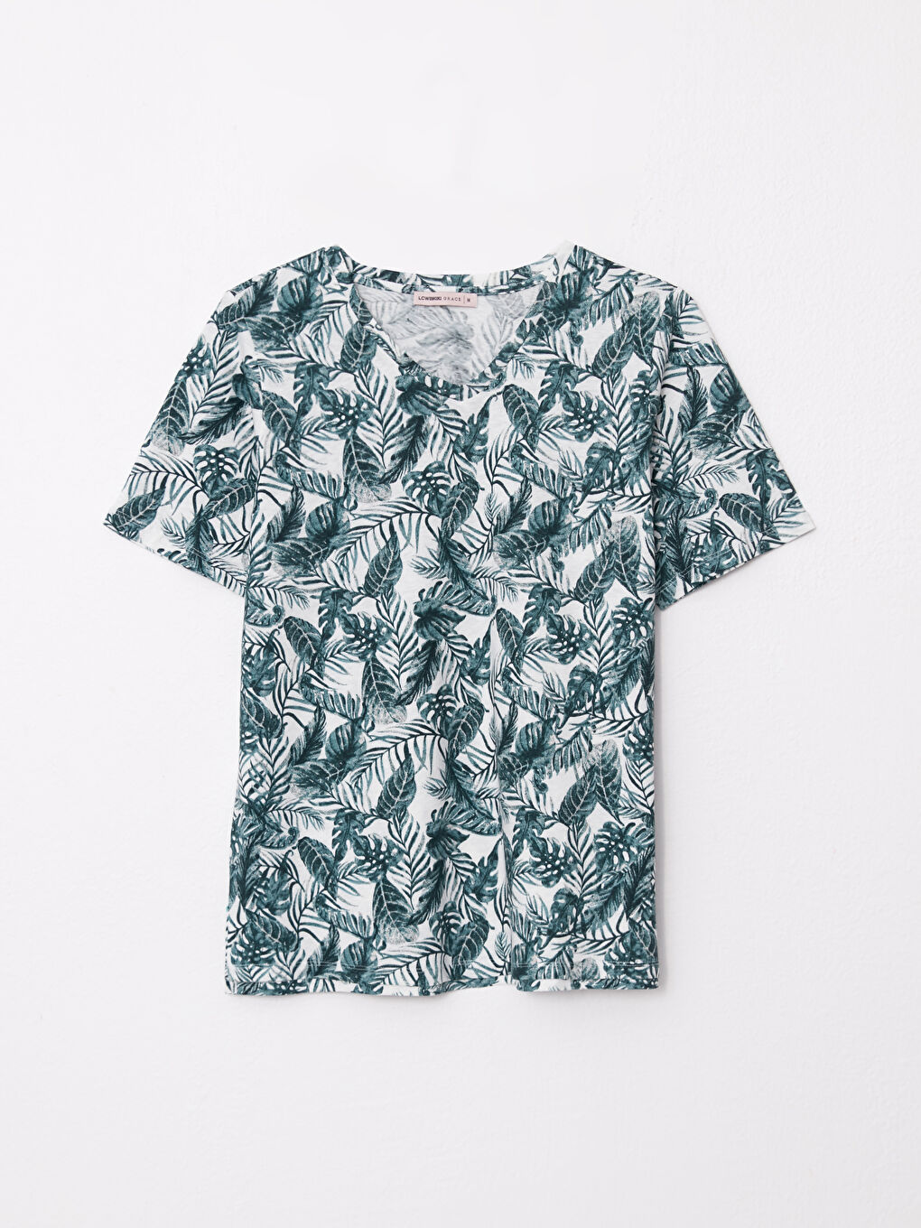 Ekru V Yaka Desenli Kısa Kollu Pamuklu Kadın Tişört-5