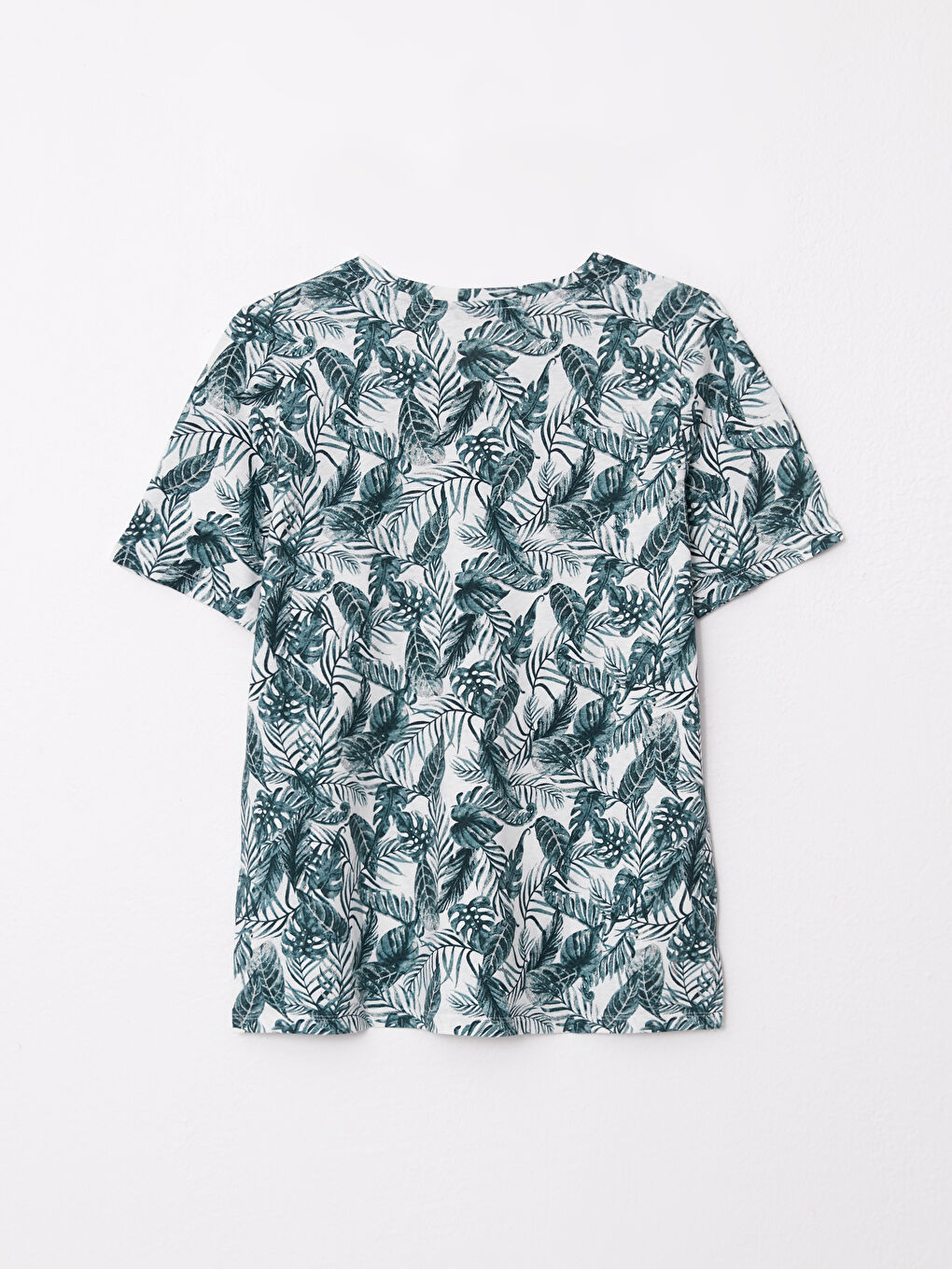 Ekru V Yaka Desenli Kısa Kollu Pamuklu Kadın Tişört-6