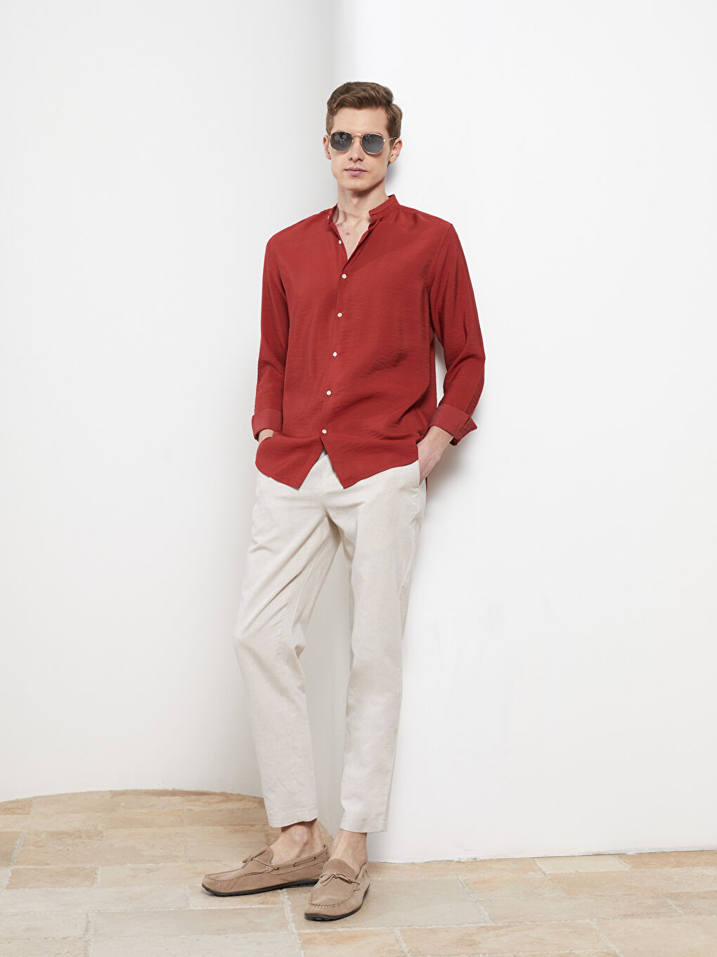 Kırmızı Slim Fit Hakim Yaka Uzun Kollu Erkek Gömlek