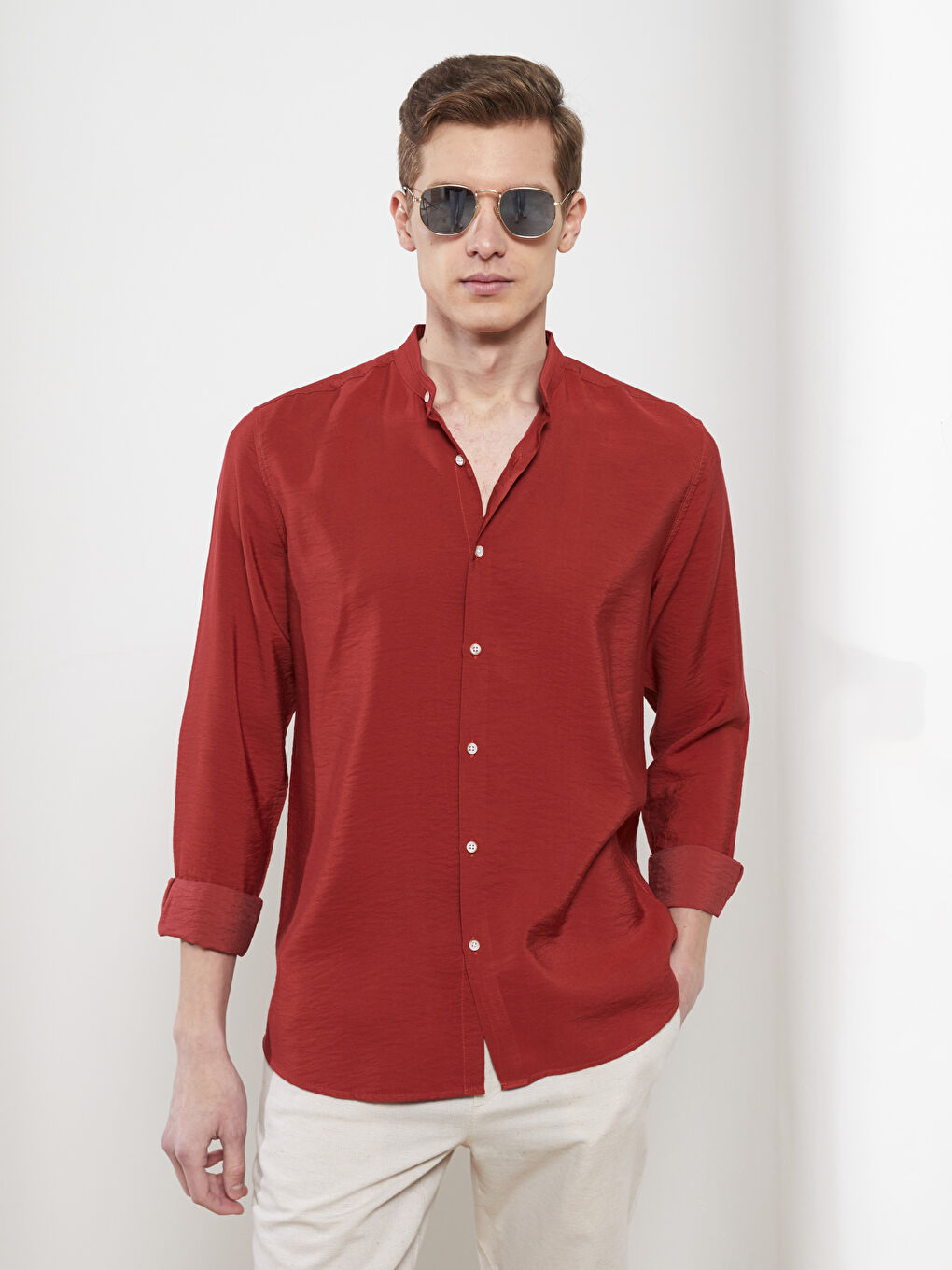 Kırmızı Slim Fit Hakim Yaka Uzun Kollu Erkek Gömlek-1