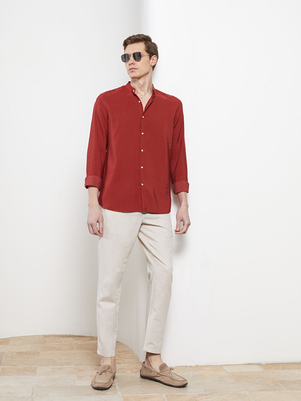 Kırmızı Slim Fit Hakim Yaka Uzun Kollu Erkek Gömlek-2