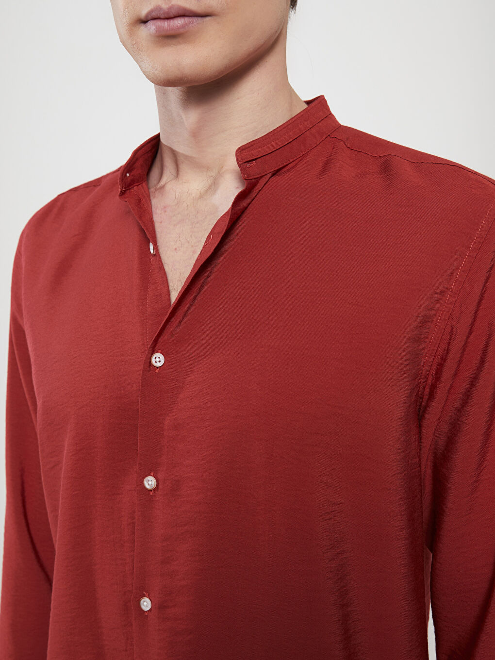 Kırmızı Slim Fit Hakim Yaka Uzun Kollu Erkek Gömlek-3