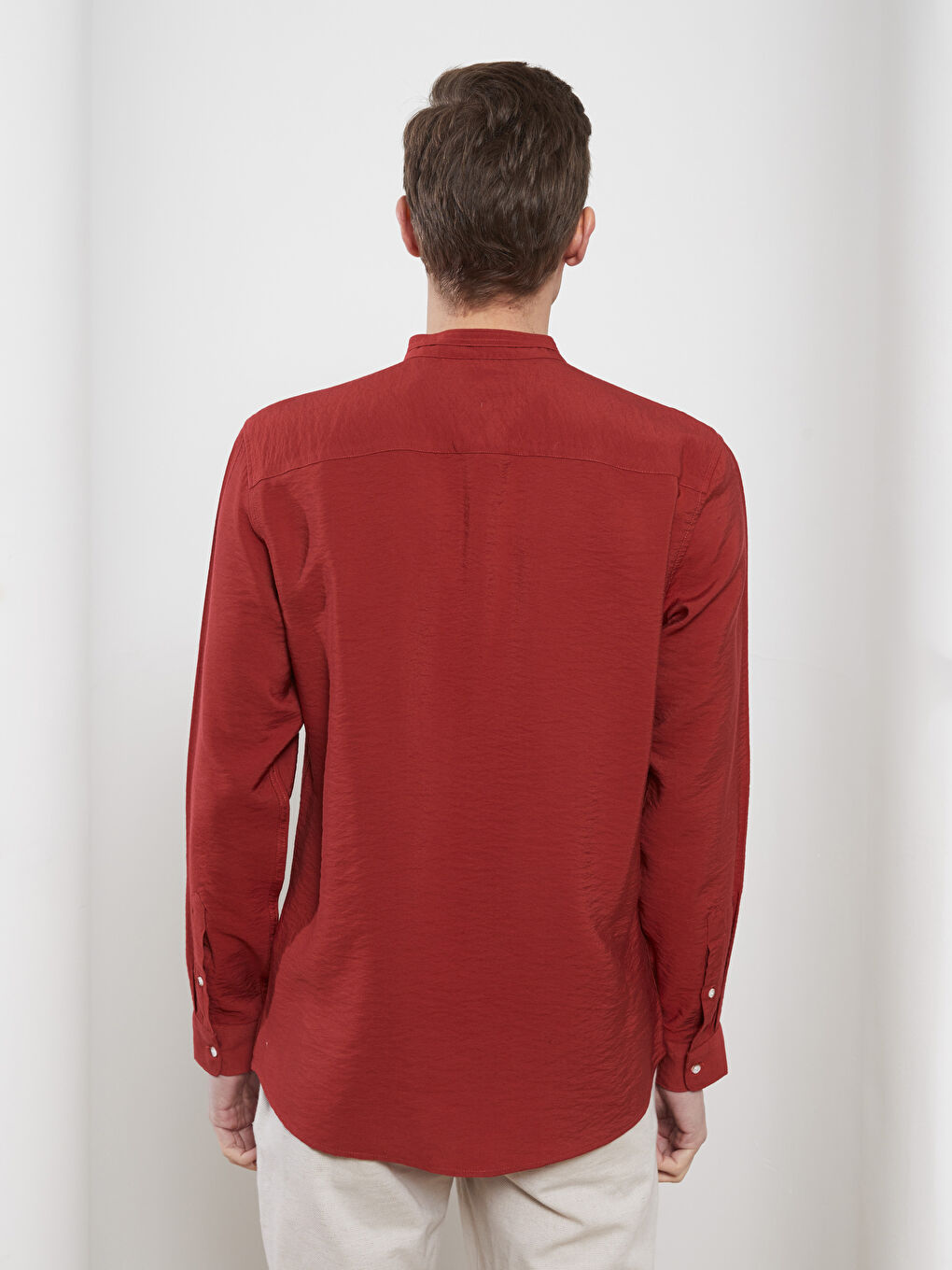 Kırmızı Slim Fit Hakim Yaka Uzun Kollu Erkek Gömlek-4