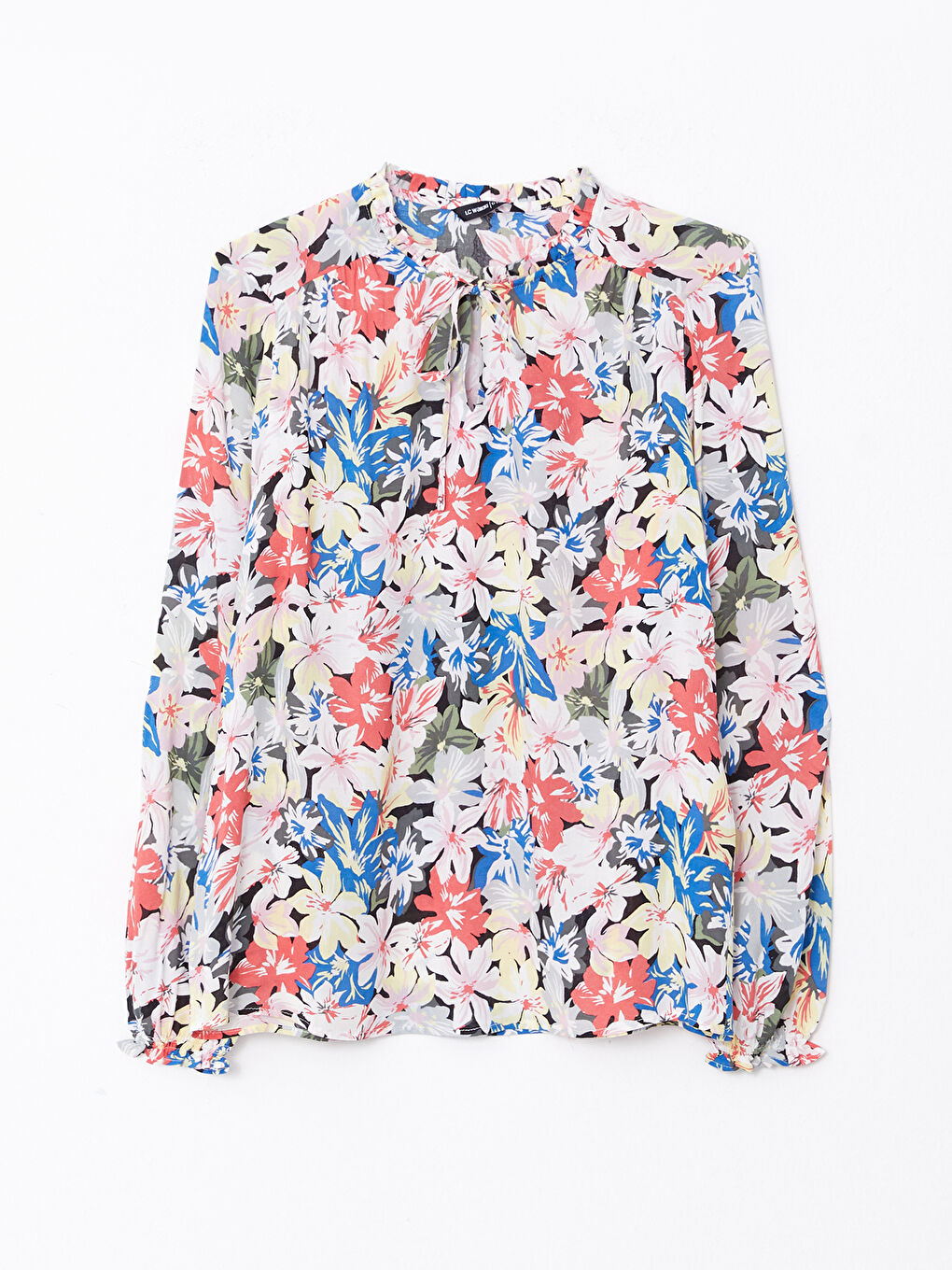 Kırmızı Bağlama Yaka Çiçekli Uzun Kollu Viskon Kadın Bluz