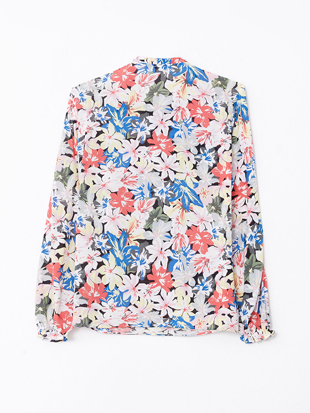 Kırmızı Bağlama Yaka Çiçekli Uzun Kollu Viskon Kadın Bluz-1