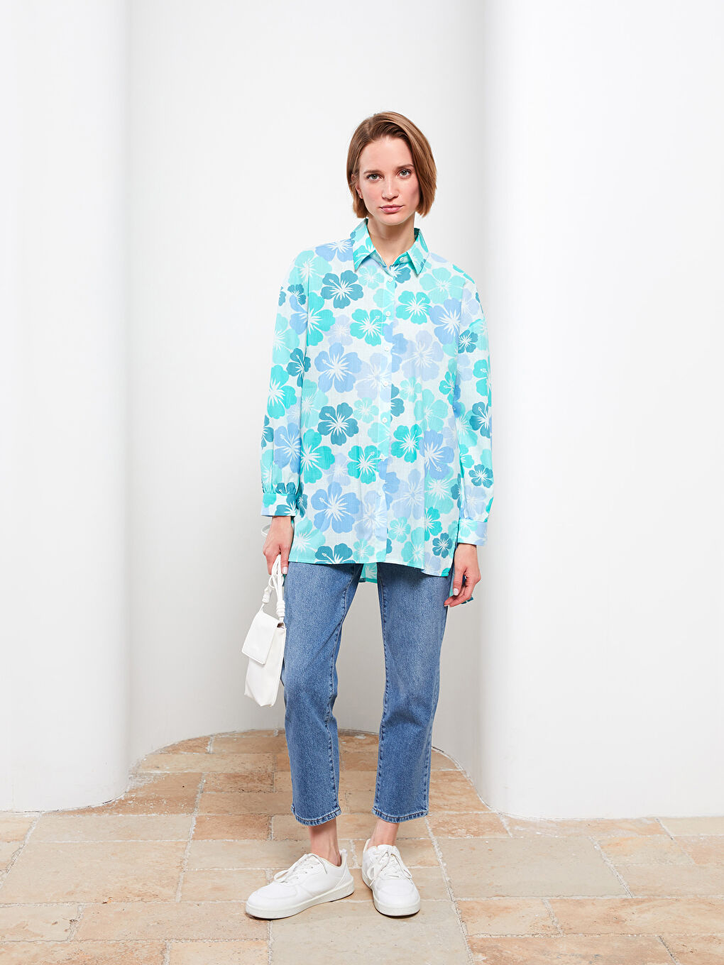 Yeşil Desenli Uzun Kollu Oversize Kadın Gömlek Tunik