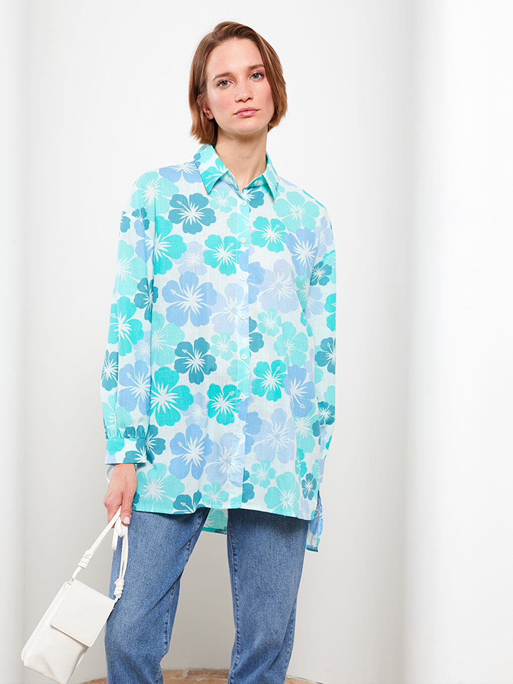 Yeşil Desenli Uzun Kollu Oversize Kadın Gömlek Tunik-1