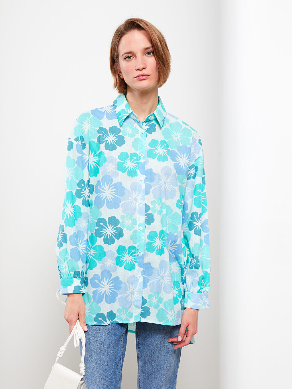 Yeşil Desenli Uzun Kollu Oversize Kadın Gömlek Tunik-2