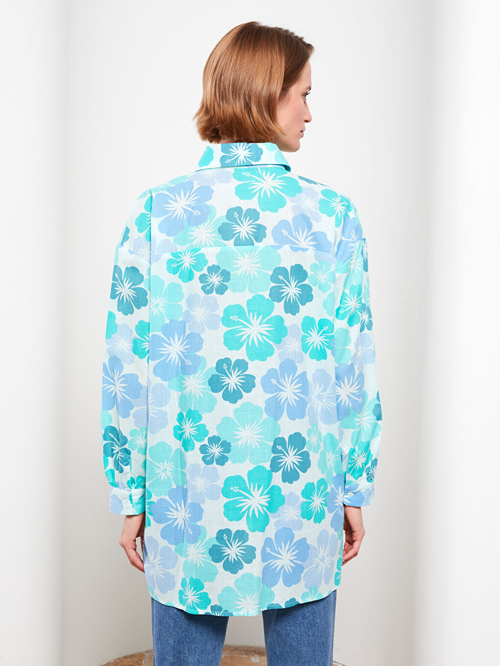 Yeşil Desenli Uzun Kollu Oversize Kadın Gömlek Tunik-4