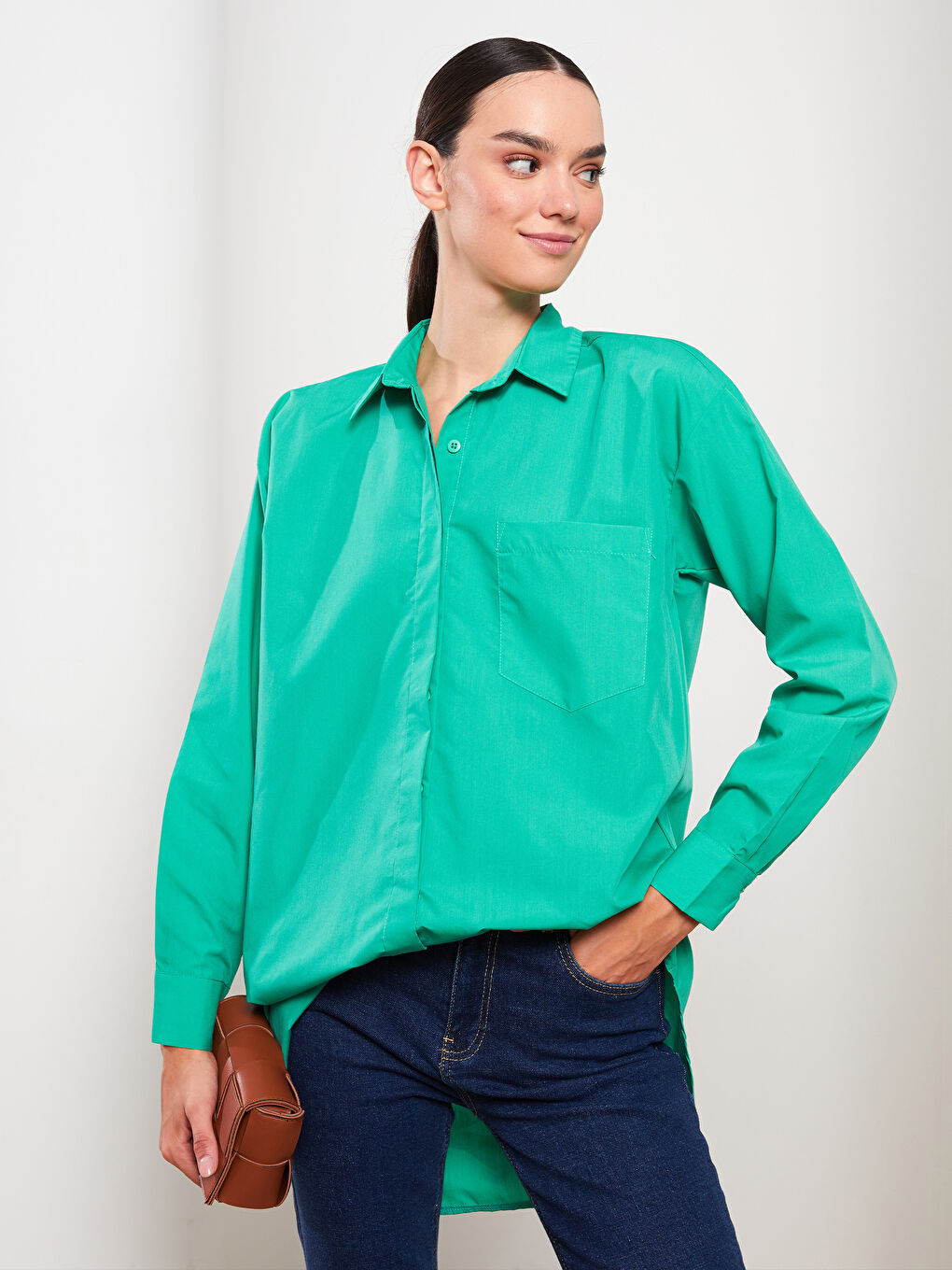 Yeşil Düz Uzun Kollu Oversize Poplin Kadın Gömlek Tunik
