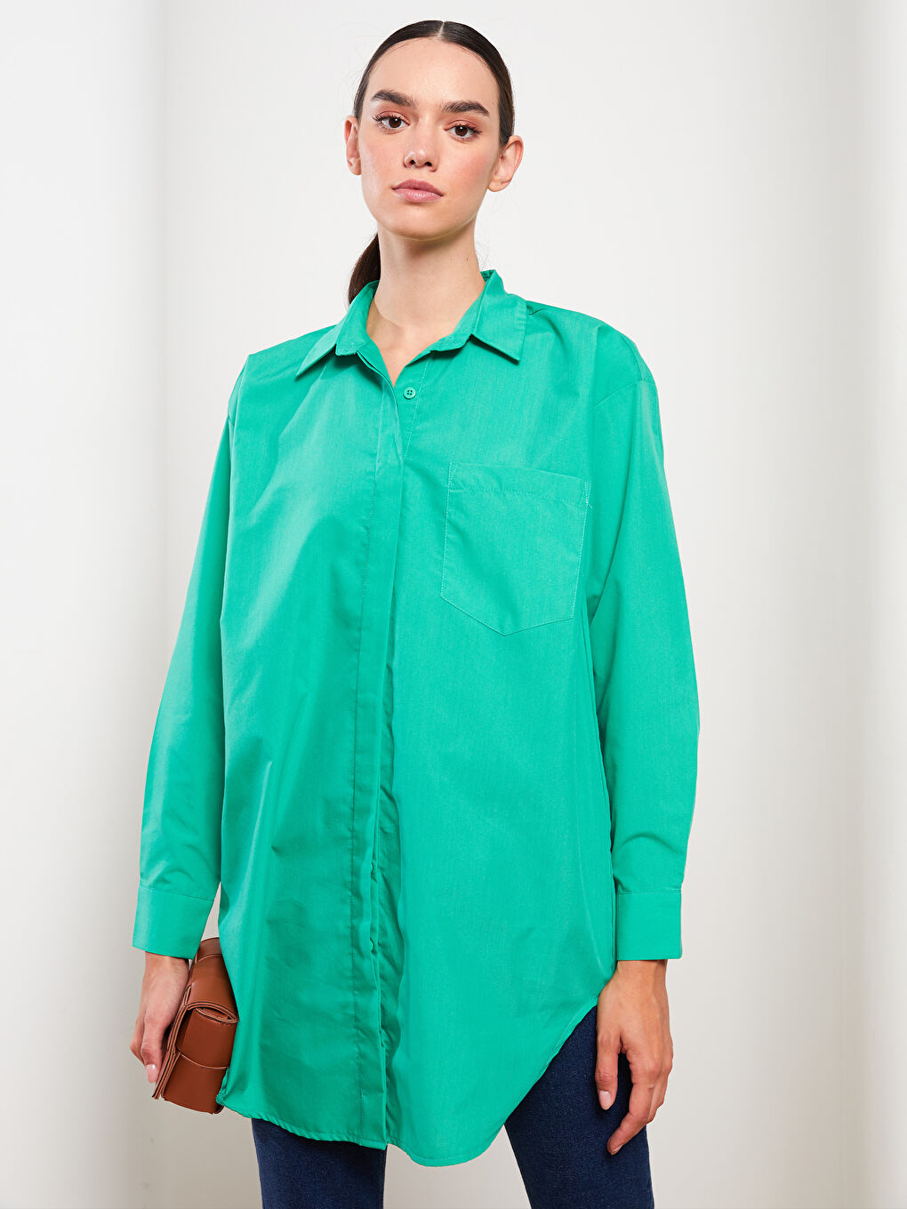 Yeşil Düz Uzun Kollu Oversize Poplin Kadın Gömlek Tunik-1