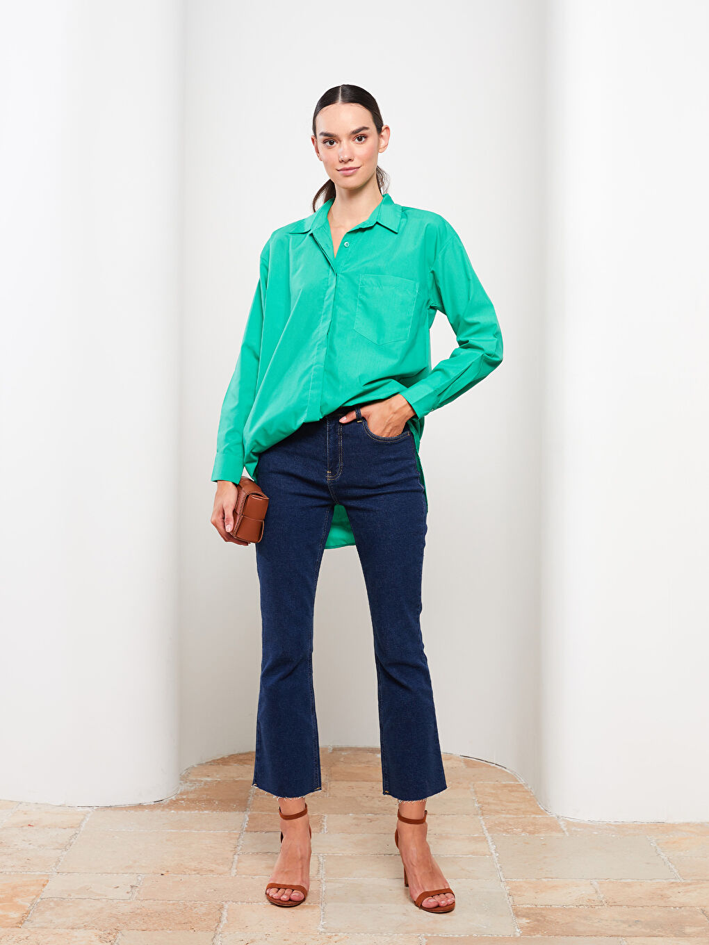 Yeşil Düz Uzun Kollu Oversize Poplin Kadın Gömlek Tunik-2