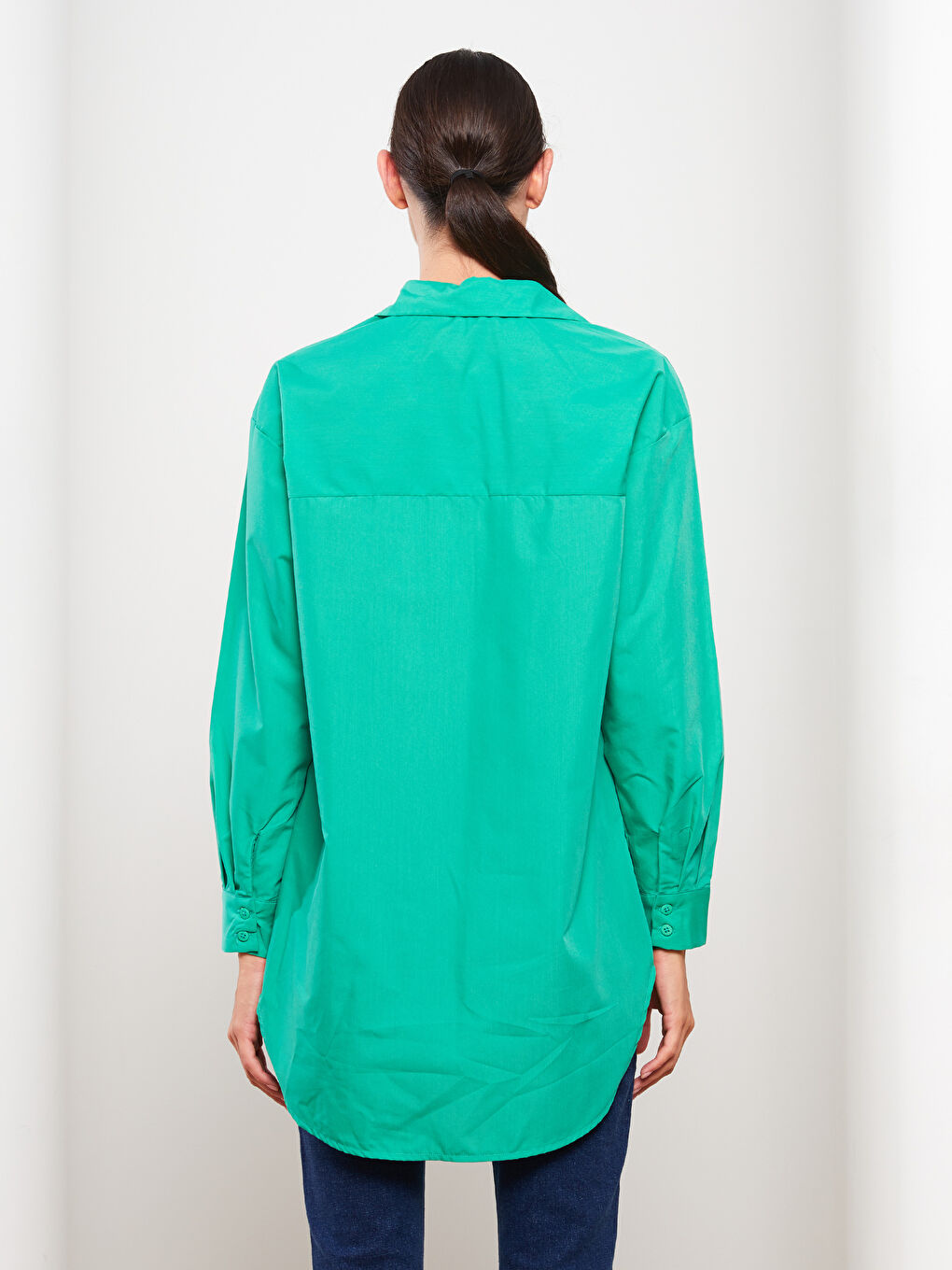 Yeşil Düz Uzun Kollu Oversize Poplin Kadın Gömlek Tunik-4
