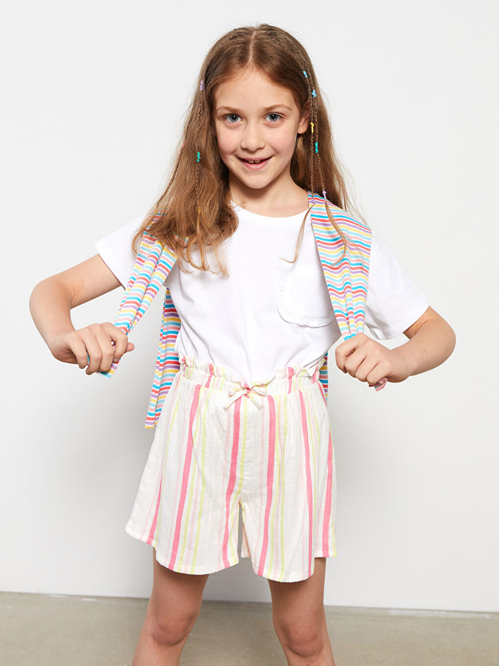 Girl's Elastic Waist Striped Shorts -S2HV03Z4-P8J