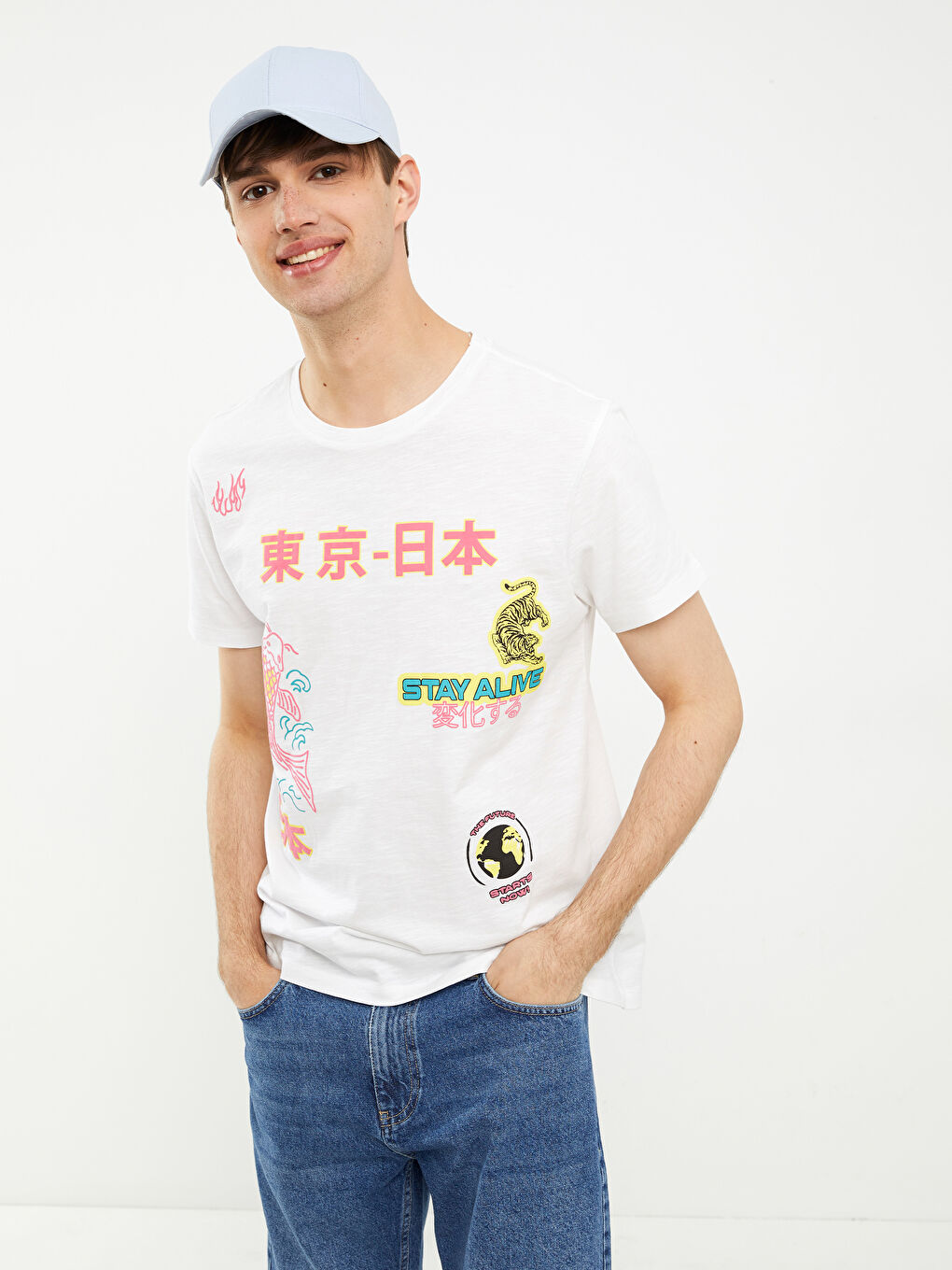 Beyaz Bisiklet Yaka Kısa Kollu Baskılı Penye Erkek Tişört-2