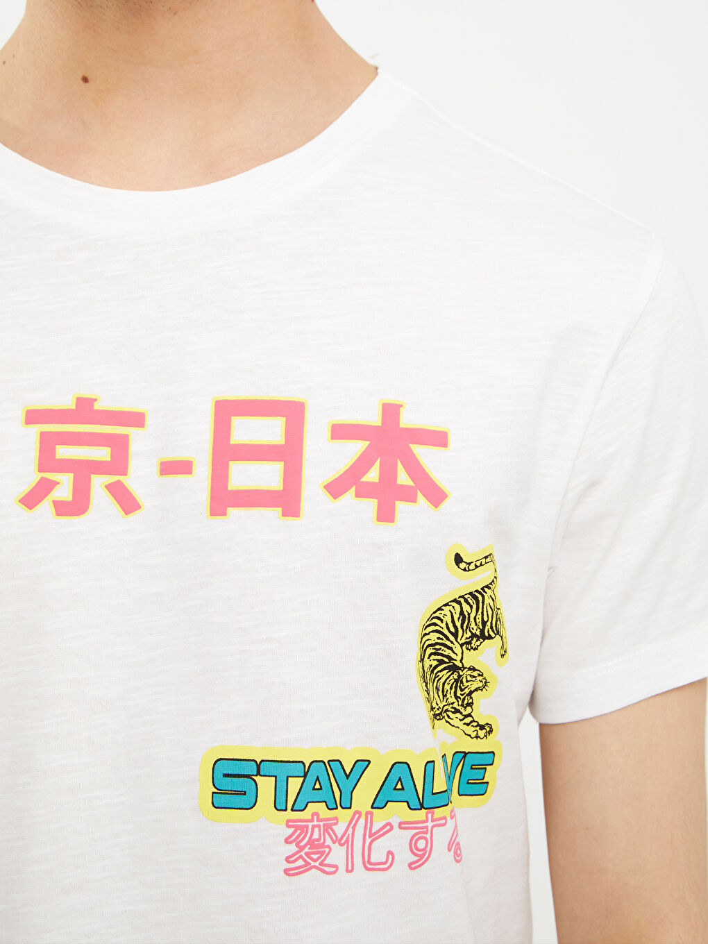 Beyaz Bisiklet Yaka Kısa Kollu Baskılı Penye Erkek Tişört-3