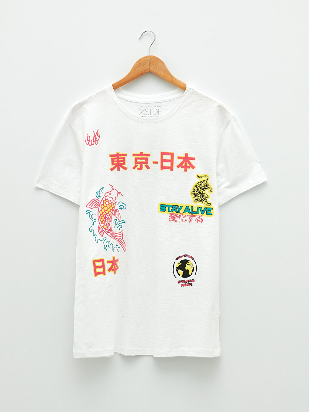 Beyaz Bisiklet Yaka Kısa Kollu Baskılı Penye Erkek Tişört-5