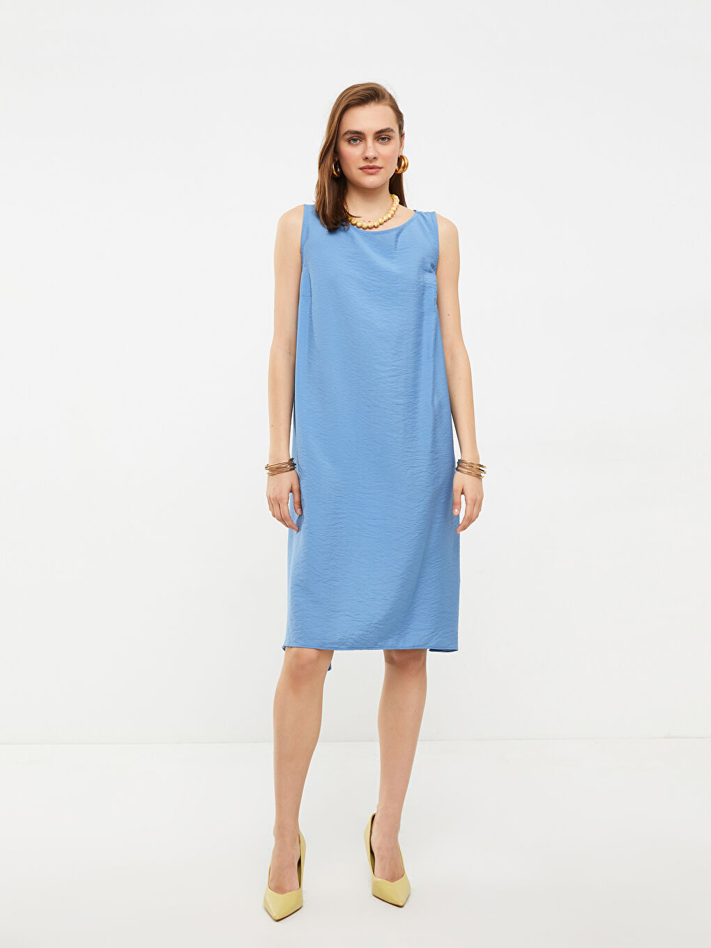 Mavi Bisiklet Yaka Düz Kolsuz A Kesim Kadın Elbise-1