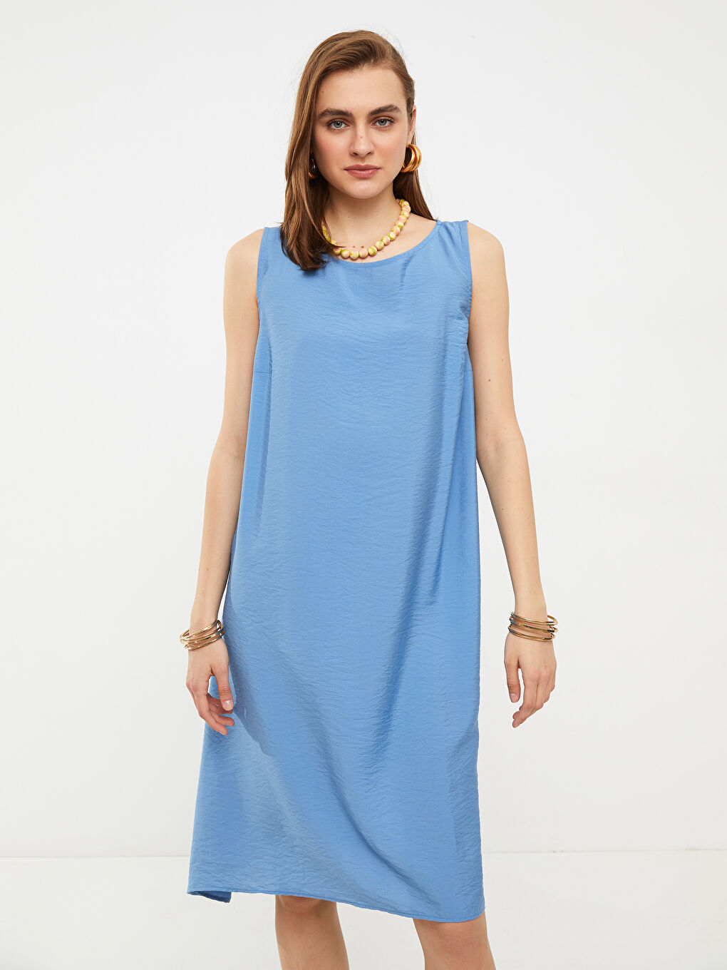 Mavi Bisiklet Yaka Düz Kolsuz A Kesim Kadın Elbise-2