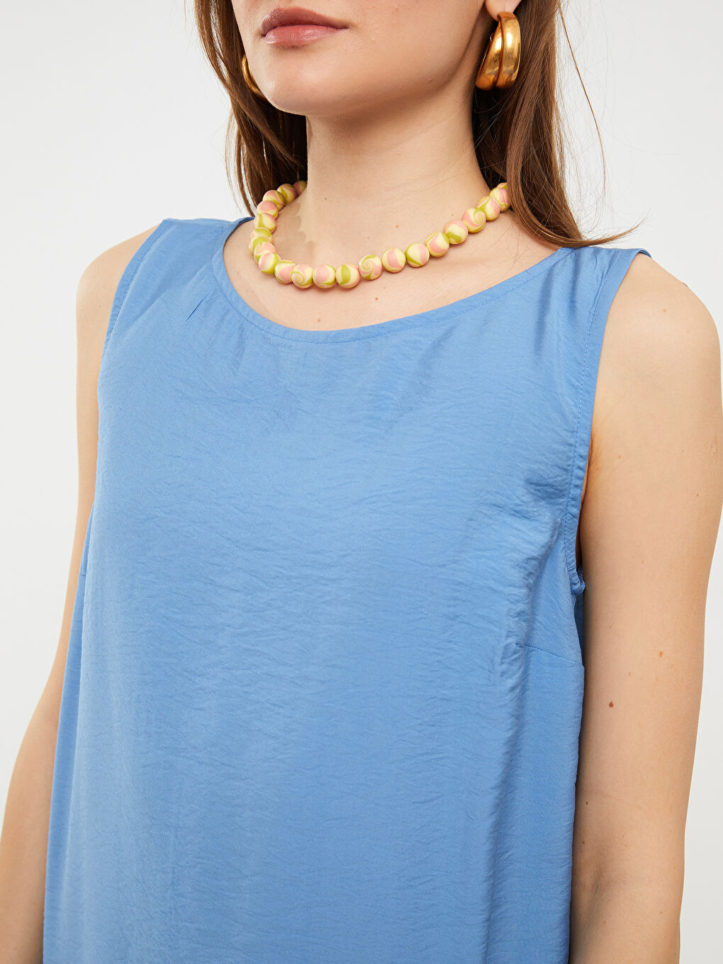 Mavi Bisiklet Yaka Düz Kolsuz A Kesim Kadın Elbise-3