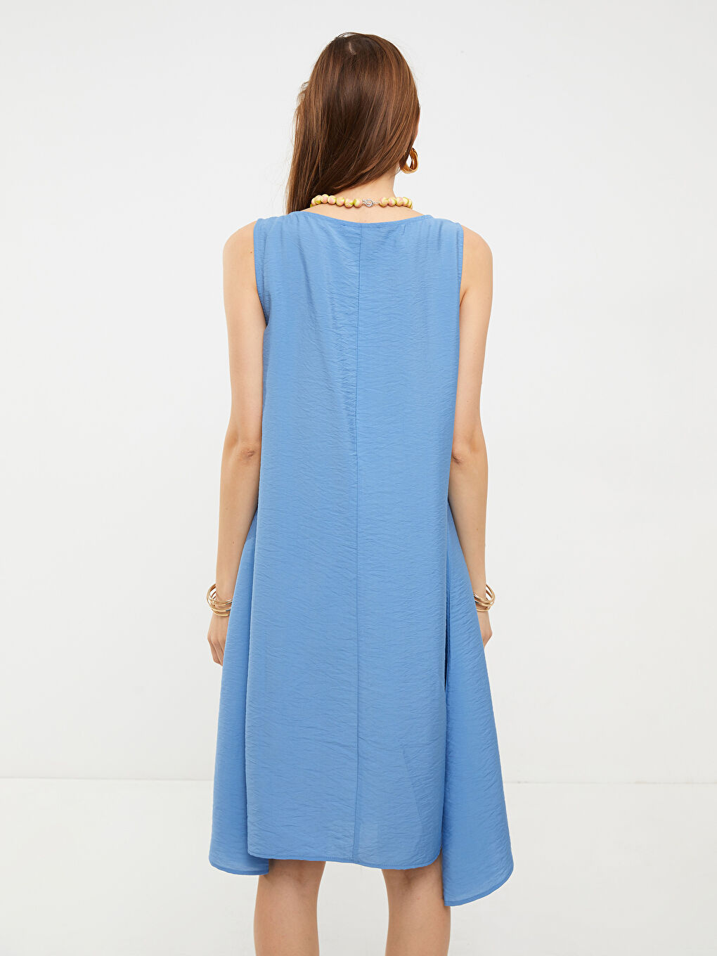 Mavi Bisiklet Yaka Düz Kolsuz A Kesim Kadın Elbise-4