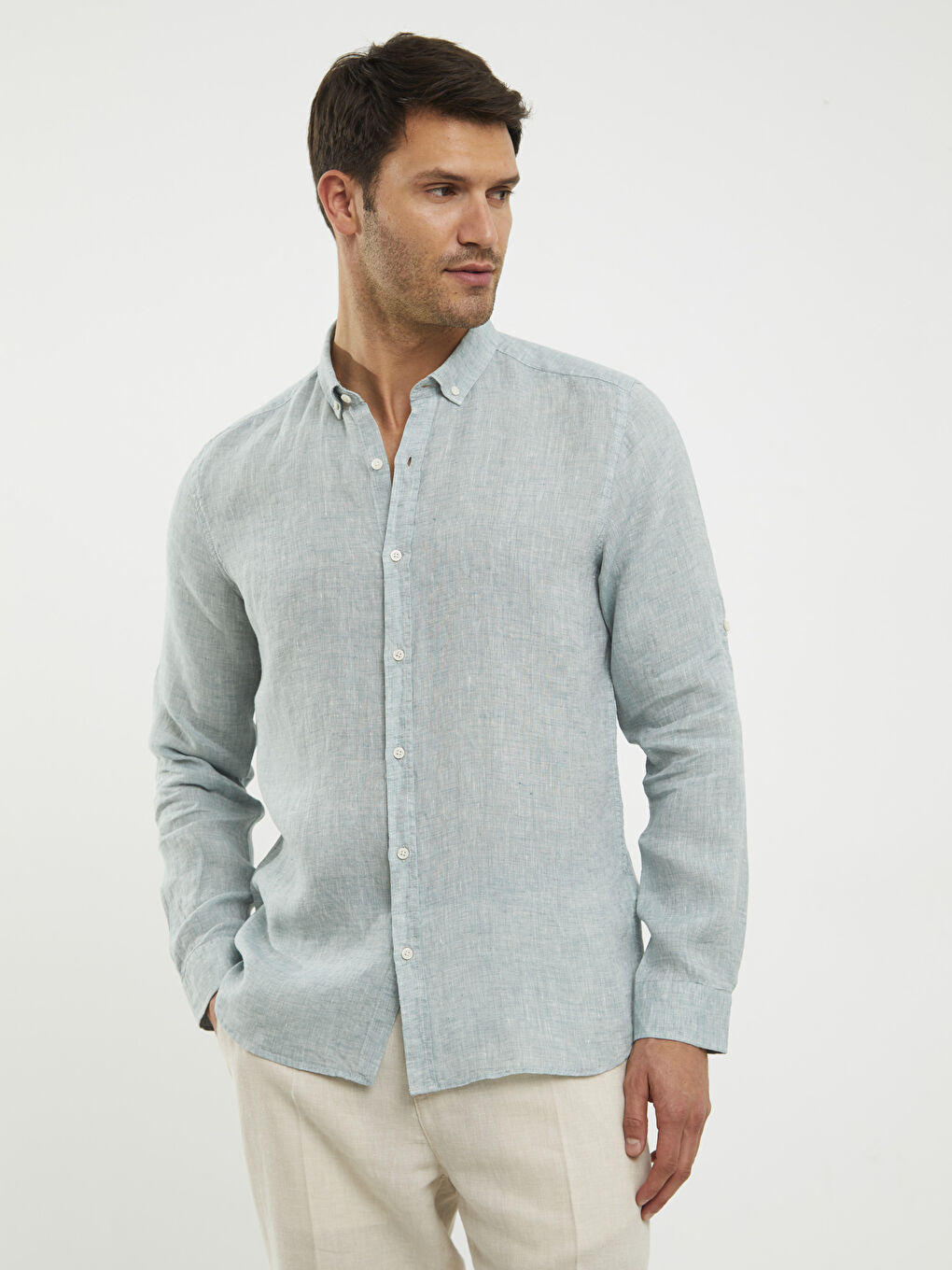 Yeşil Slim Fit Uzun Kollu Erkek Gömlek-1