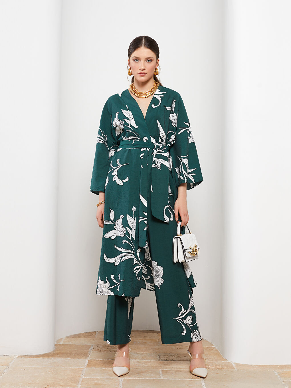 Shawl Collar Floral Tie Detail Women's Kimono