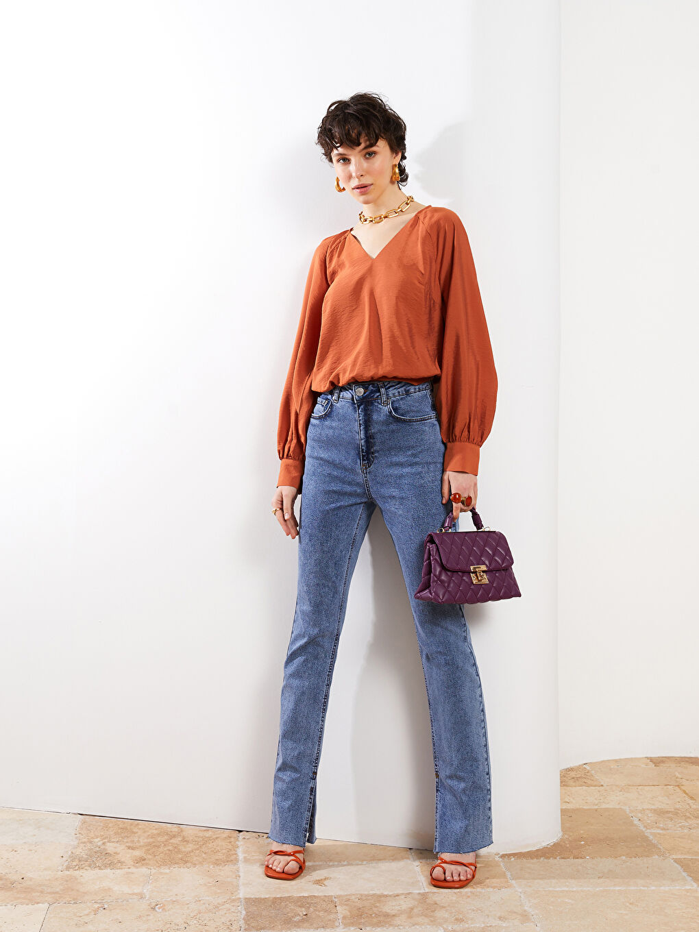 Turuncu V Yaka Düz Uzun Kollu Kadın Bluz