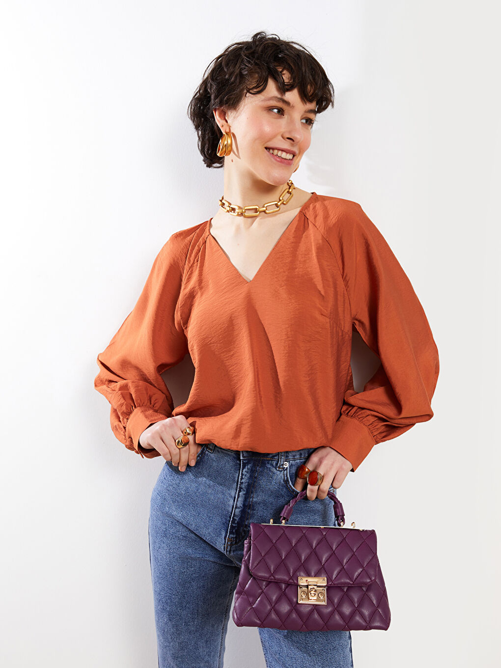 Turuncu V Yaka Düz Uzun Kollu Kadın Bluz-2