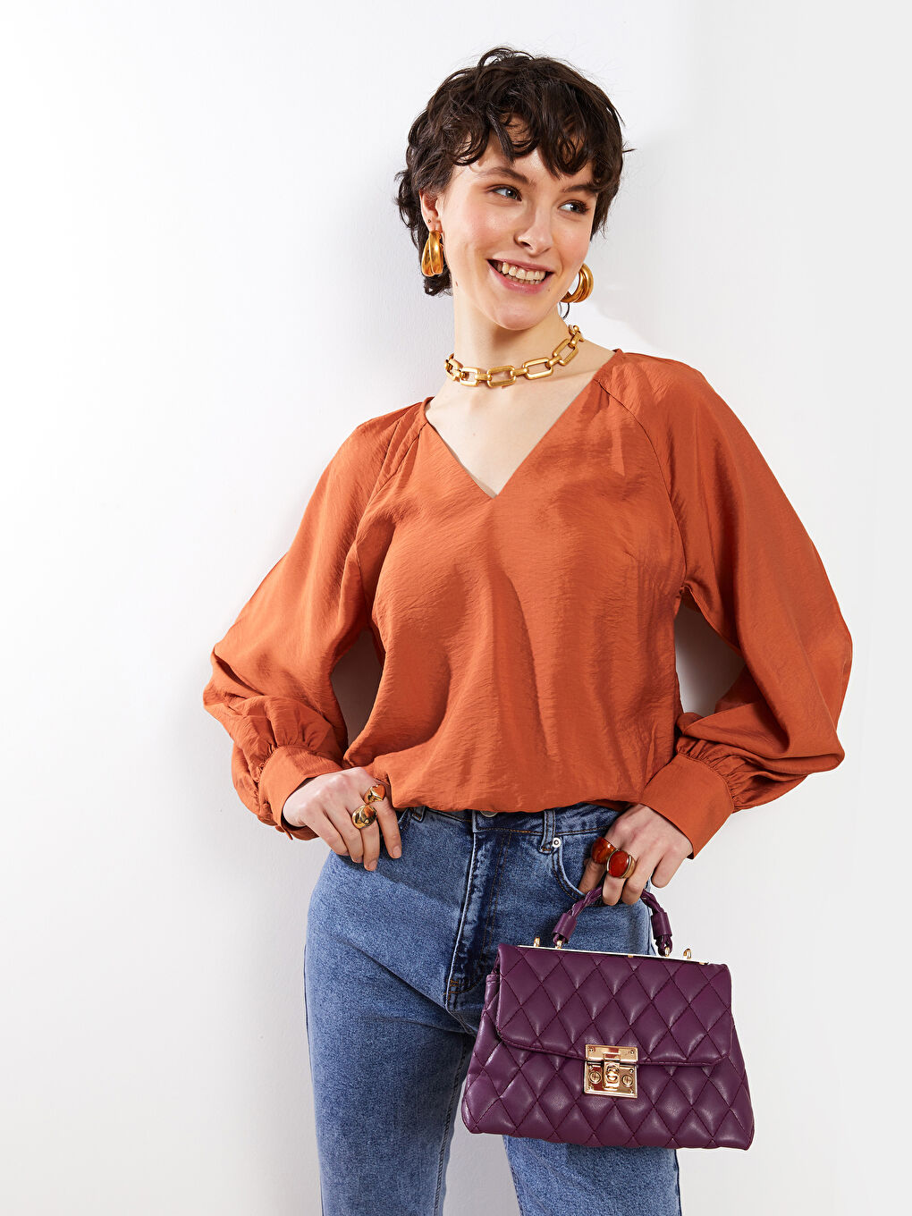 Turuncu V Yaka Düz Uzun Kollu Kadın Bluz-3