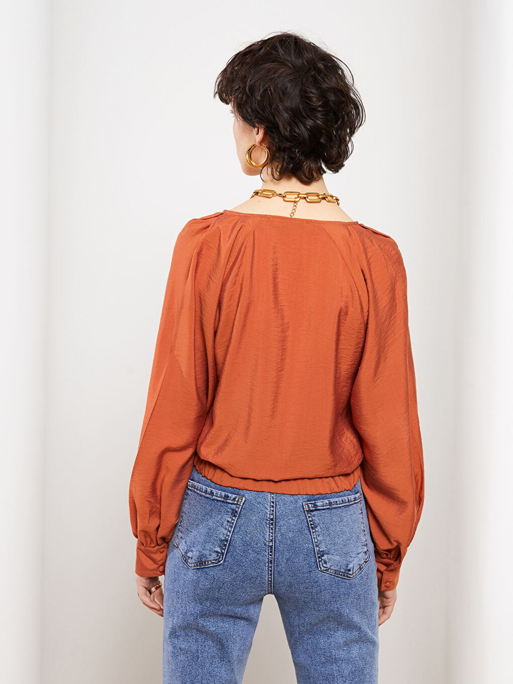 Turuncu V Yaka Düz Uzun Kollu Kadın Bluz-5