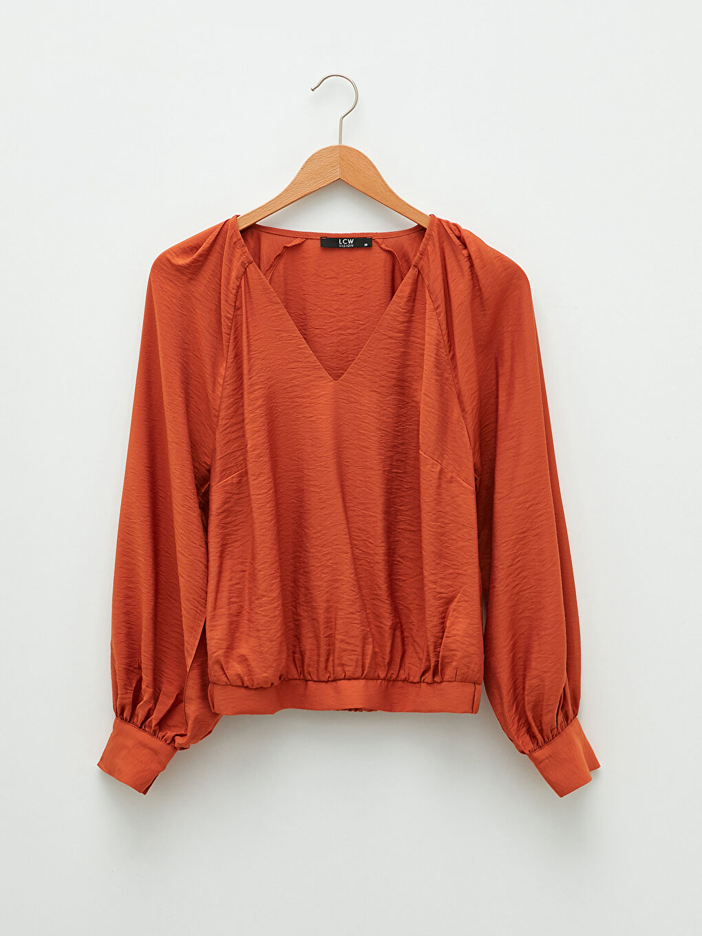 Turuncu V Yaka Düz Uzun Kollu Kadın Bluz-6