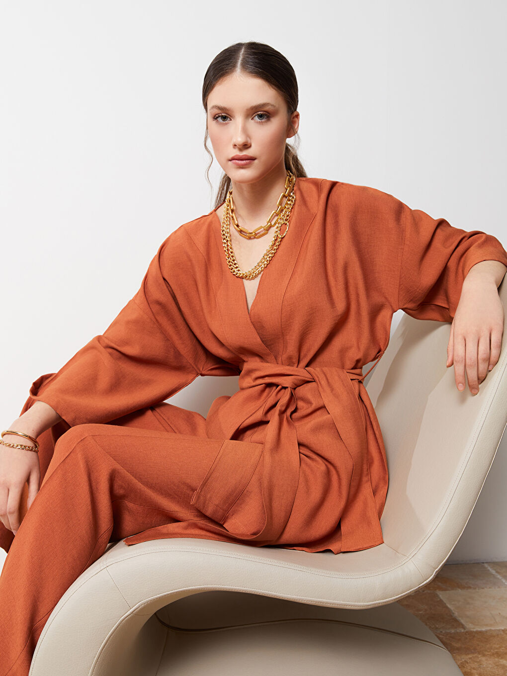 كيمونو بياقة شال سادة - للسيدات