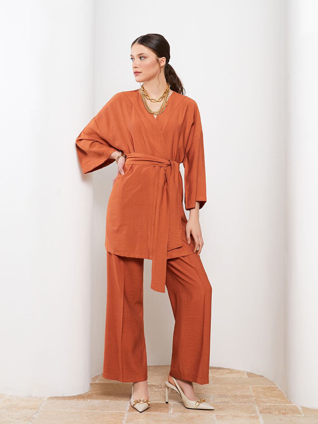 كيمونو بياقة شال سادة - للسيدات-1