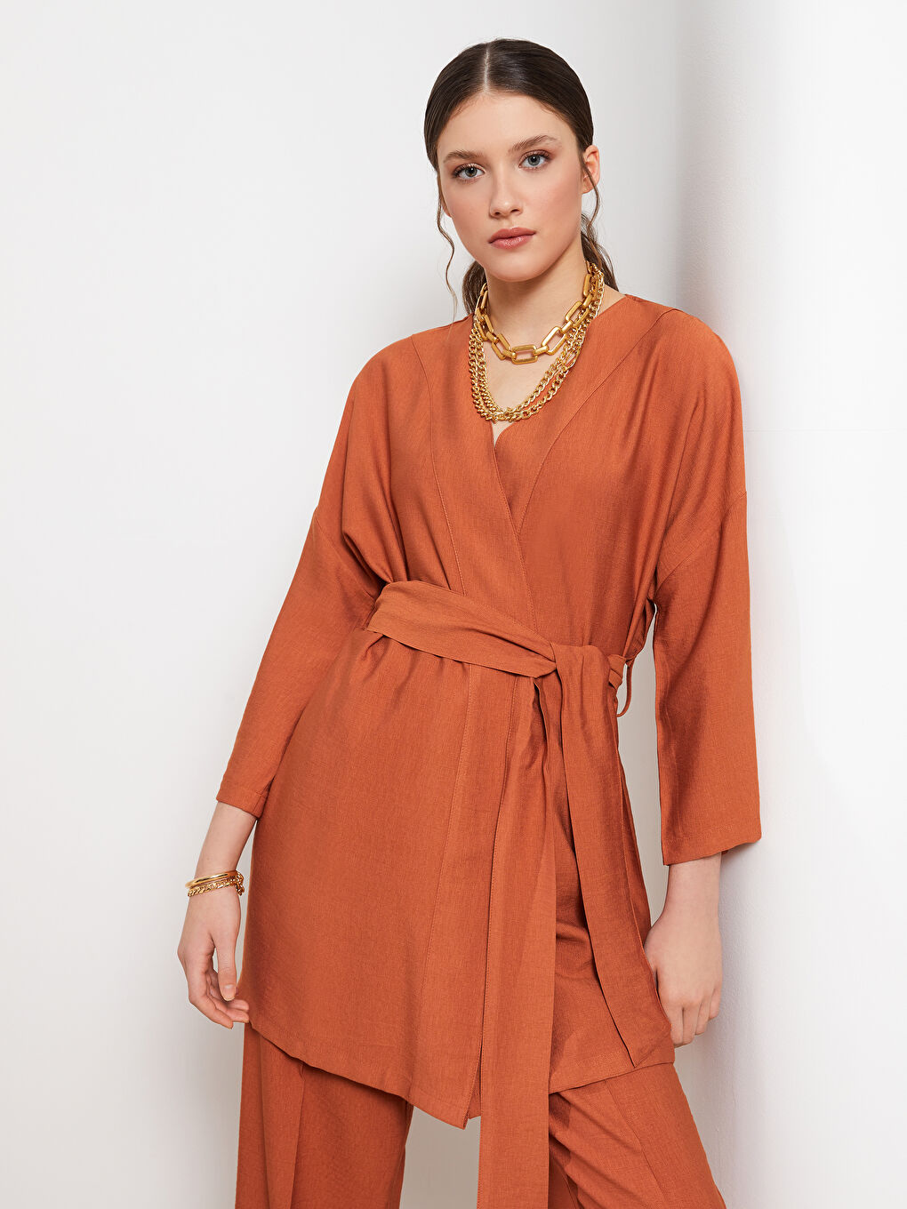 كيمونو بياقة شال سادة - للسيدات-2