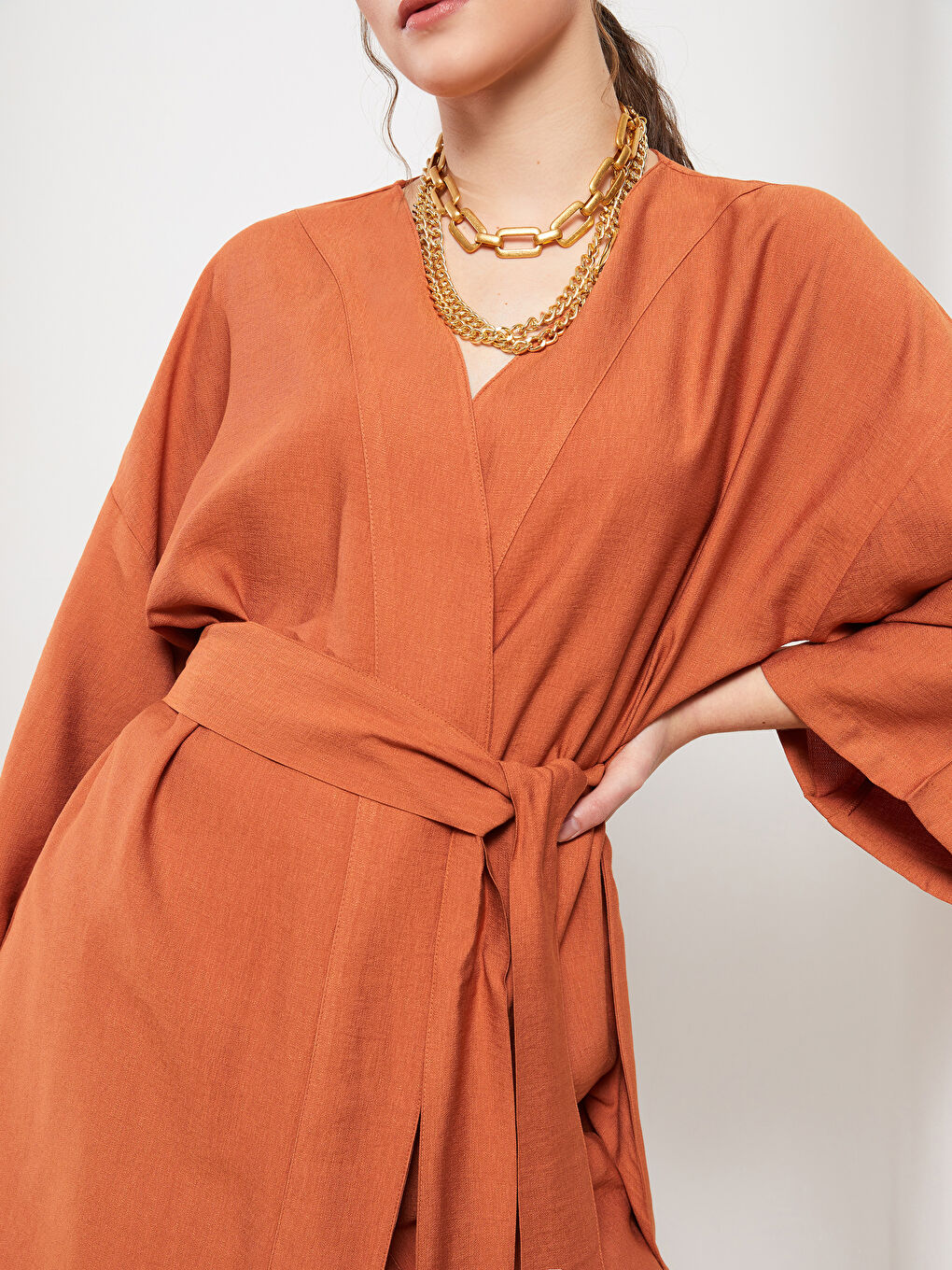 كيمونو بياقة شال سادة - للسيدات-3