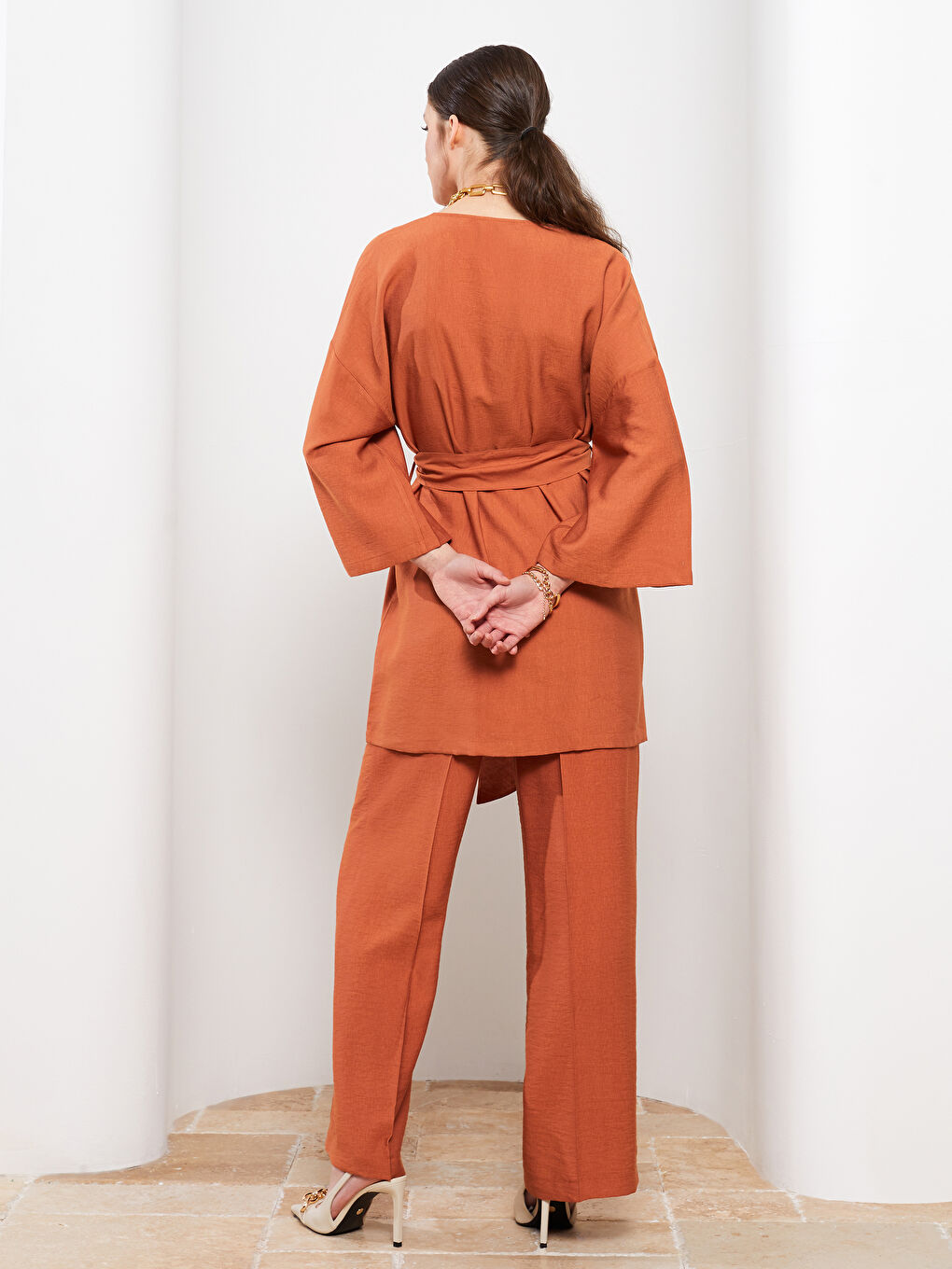 كيمونو بياقة شال سادة - للسيدات-4