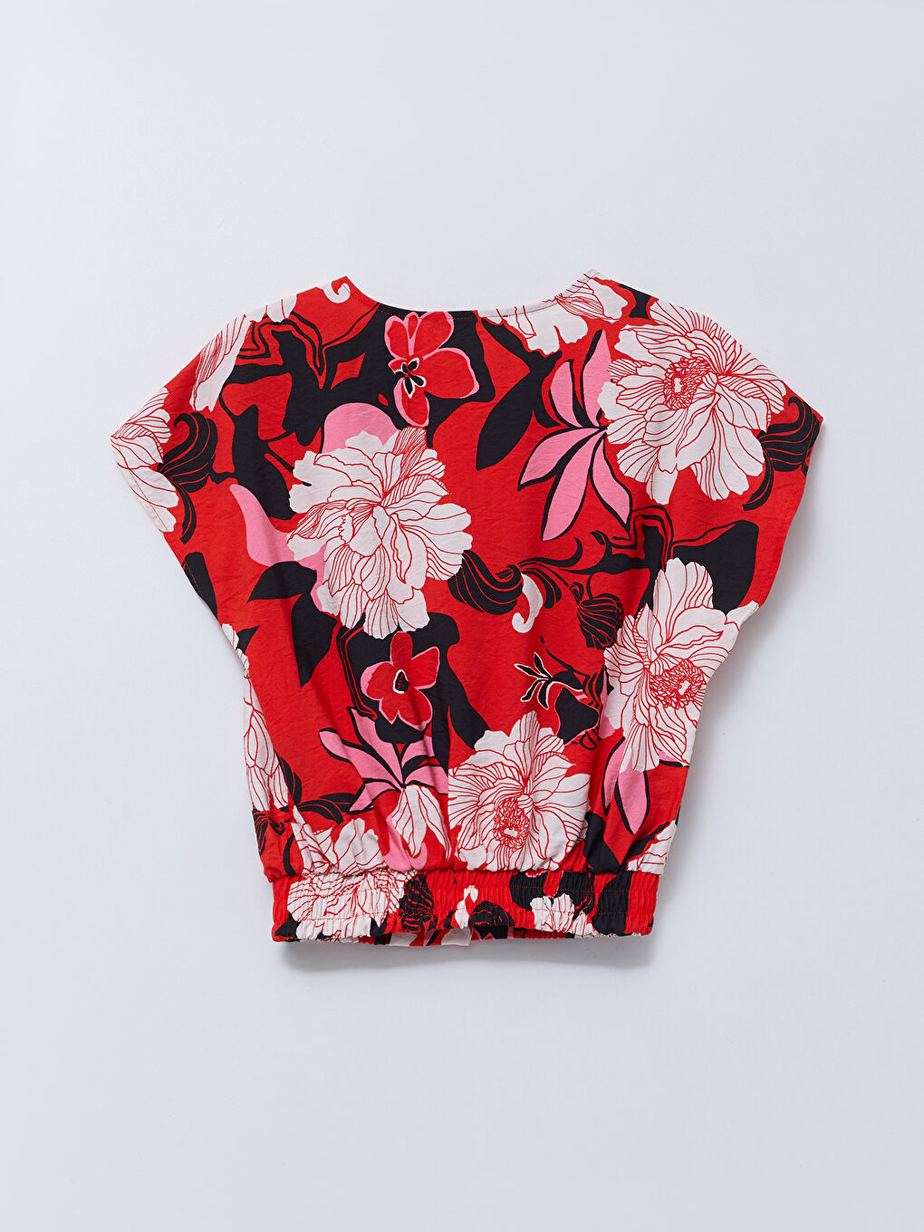 Pembe V Yaka Çiçekli Kısa Kollu Kadın Bluz-7