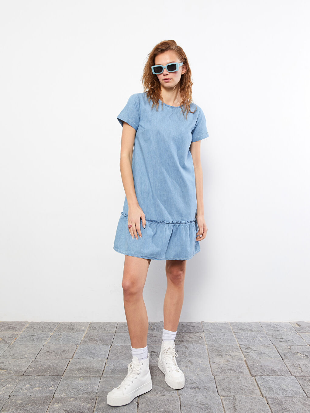 Crew Neck Straight Short Sleeve A Cut Women's Jean Dress -S2HY25Z8-311