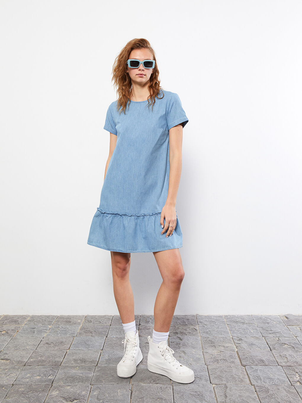 Crew Neck Straight Short Sleeve A Cut Women's Jean Dress -S2HY25Z8-311