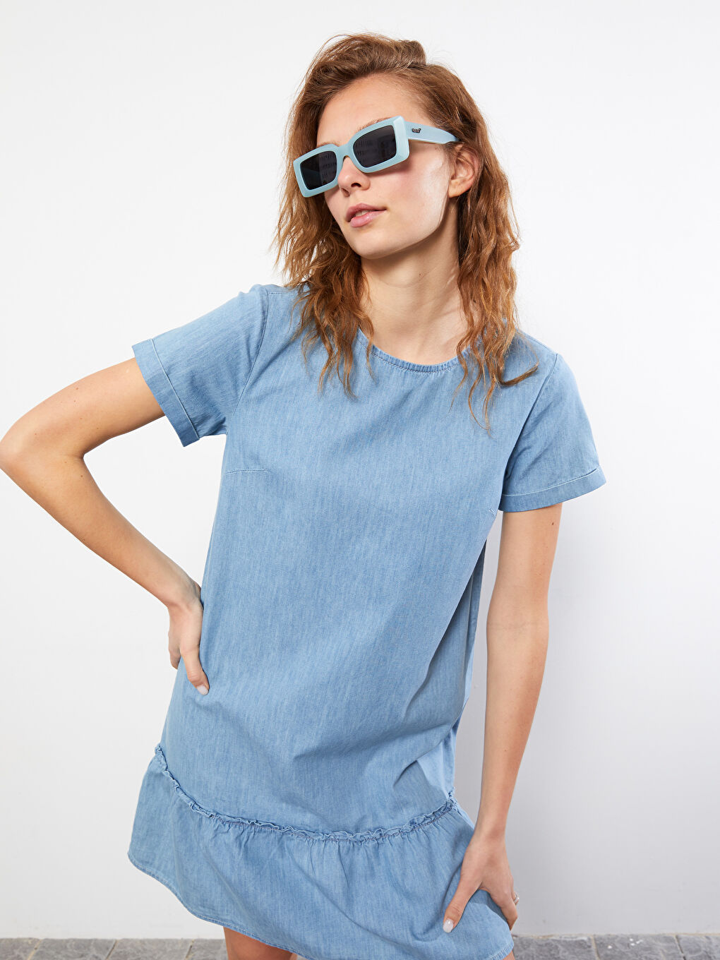Crew Neck Straight Short Sleeve A Cut Women's Jean Dress -S2HY25Z8-311