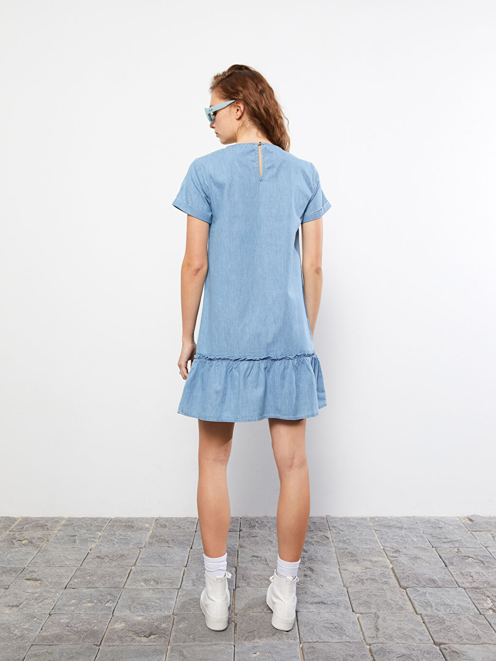 Crew Neck Straight Short Sleeve A Cut Women's Jean Dress -S2HY25Z8-311