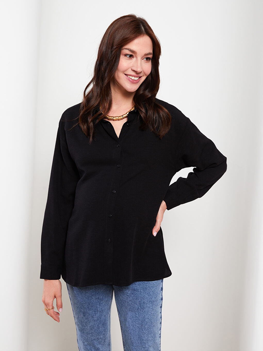 قميص حوامل بأكمام طويلة وقصة عادية بأزرار-1