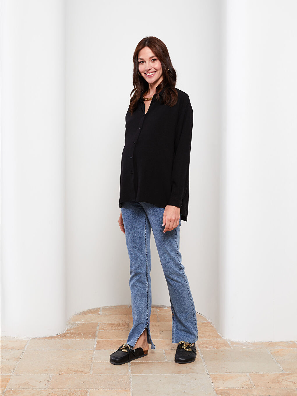 قميص حوامل بأكمام طويلة وقصة عادية بأزرار-2