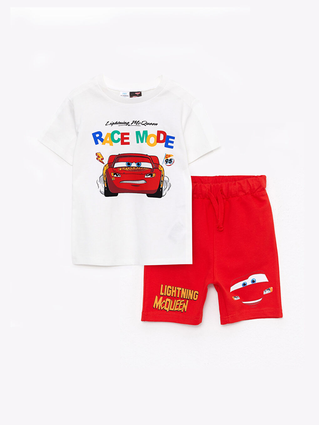 Beyaz Bisiklet Yaka Kısa Kollu Arabalar Baskılı Erkek Bebek Tişört ve Şort 2'li Takım