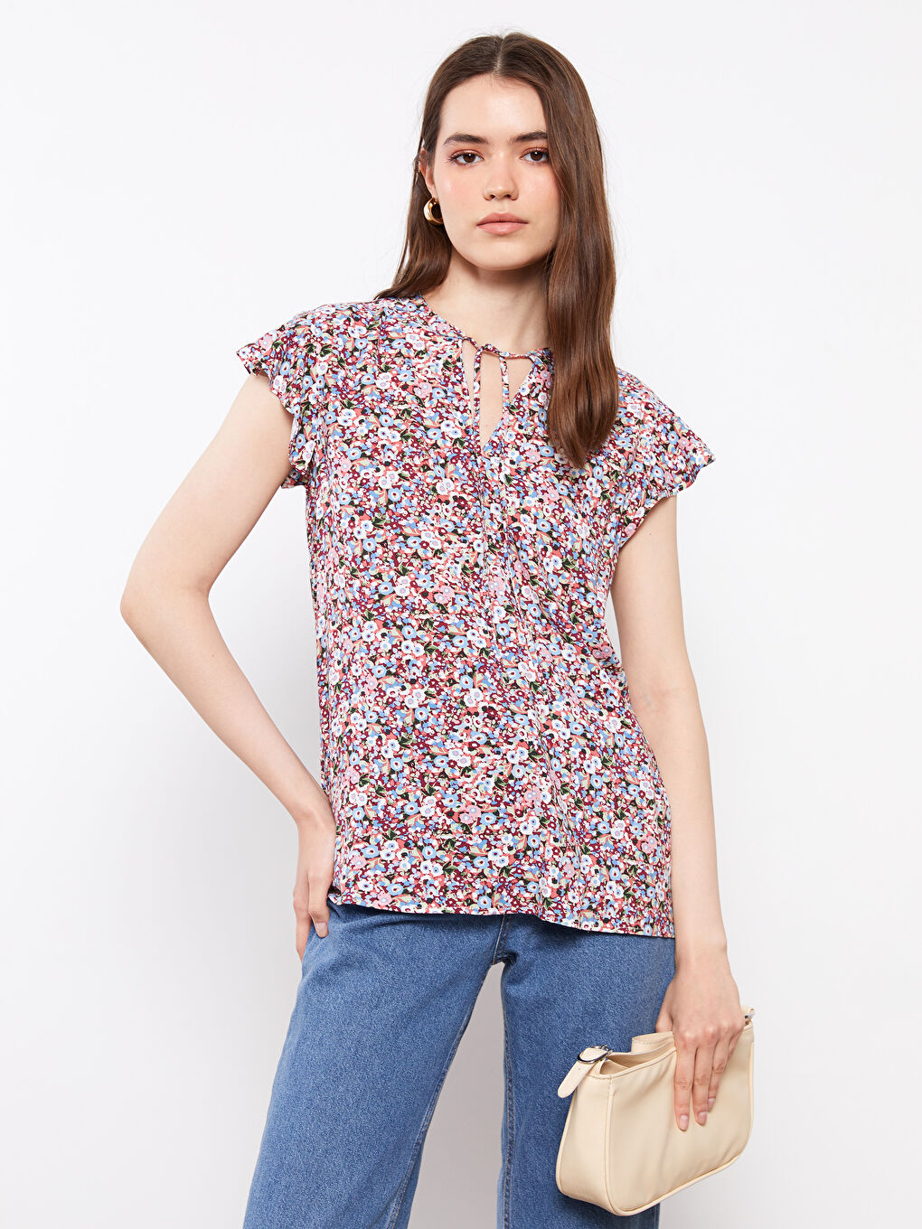 Tie Collar Patterned Short Sleeve Viscose Women's Blouse