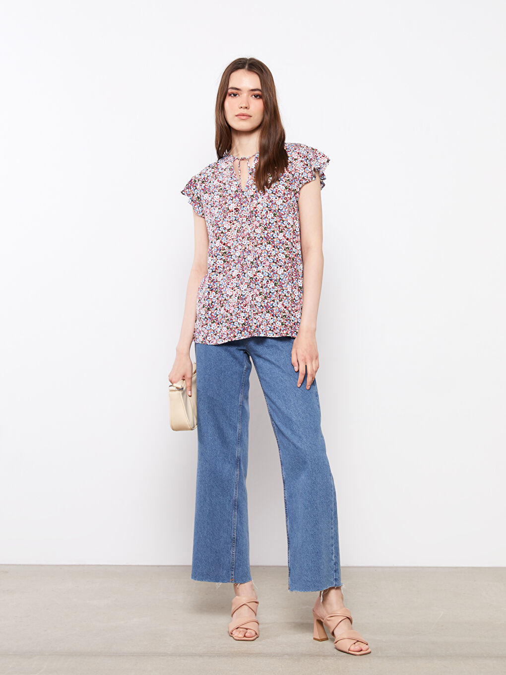 Tie Collar Patterned Short Sleeve Viscose Women's Blouse-1